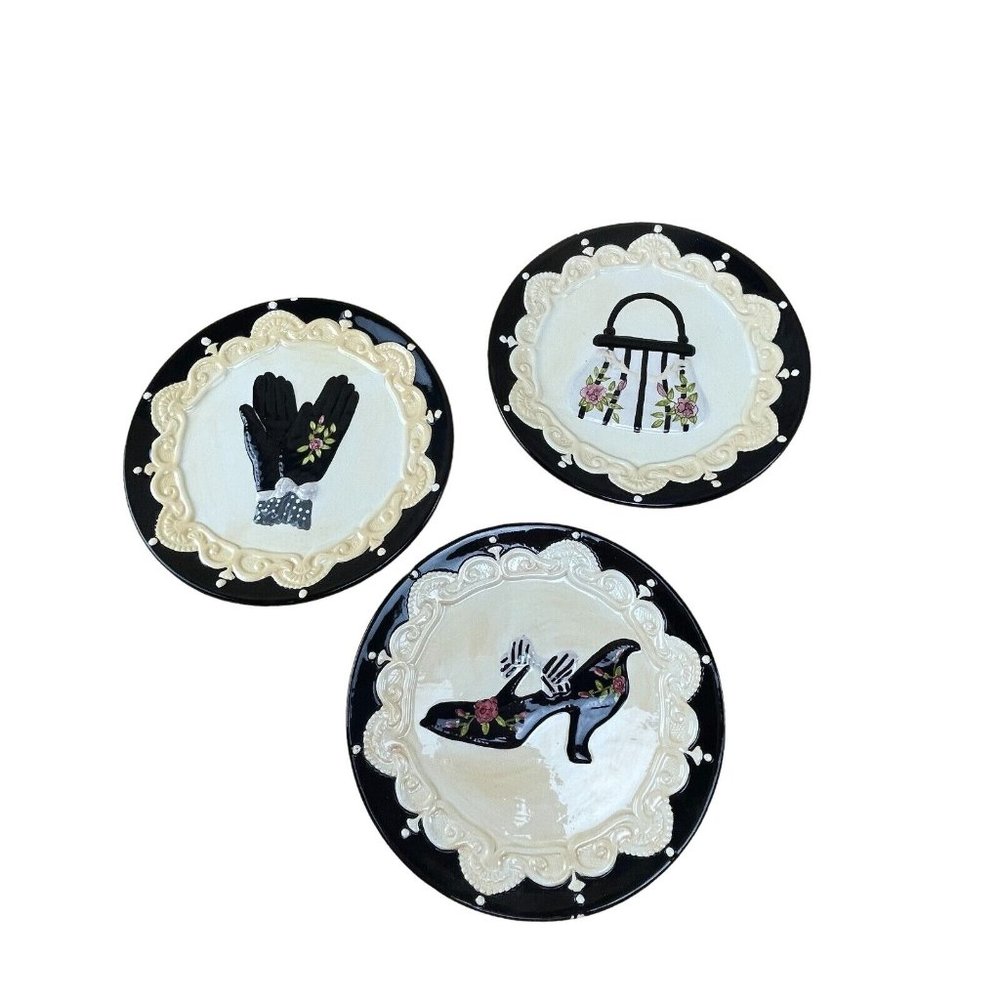 Purse Shoes Gloves LOT 3D Relief Decoration Ceramic Dish Plates Girl Black White